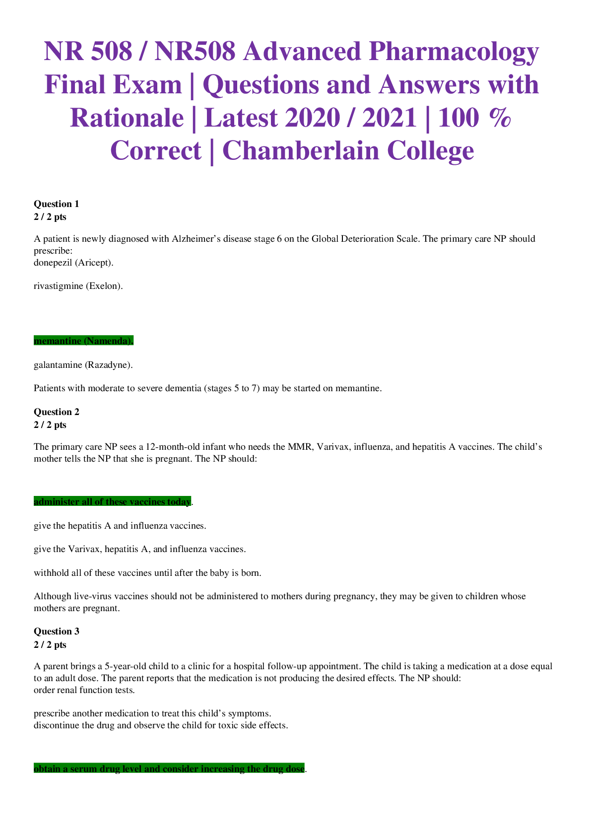 Preview of NR 508 / NR508 Advanced Pharmacology Final Exam | Questions and Answers with Rationale | L